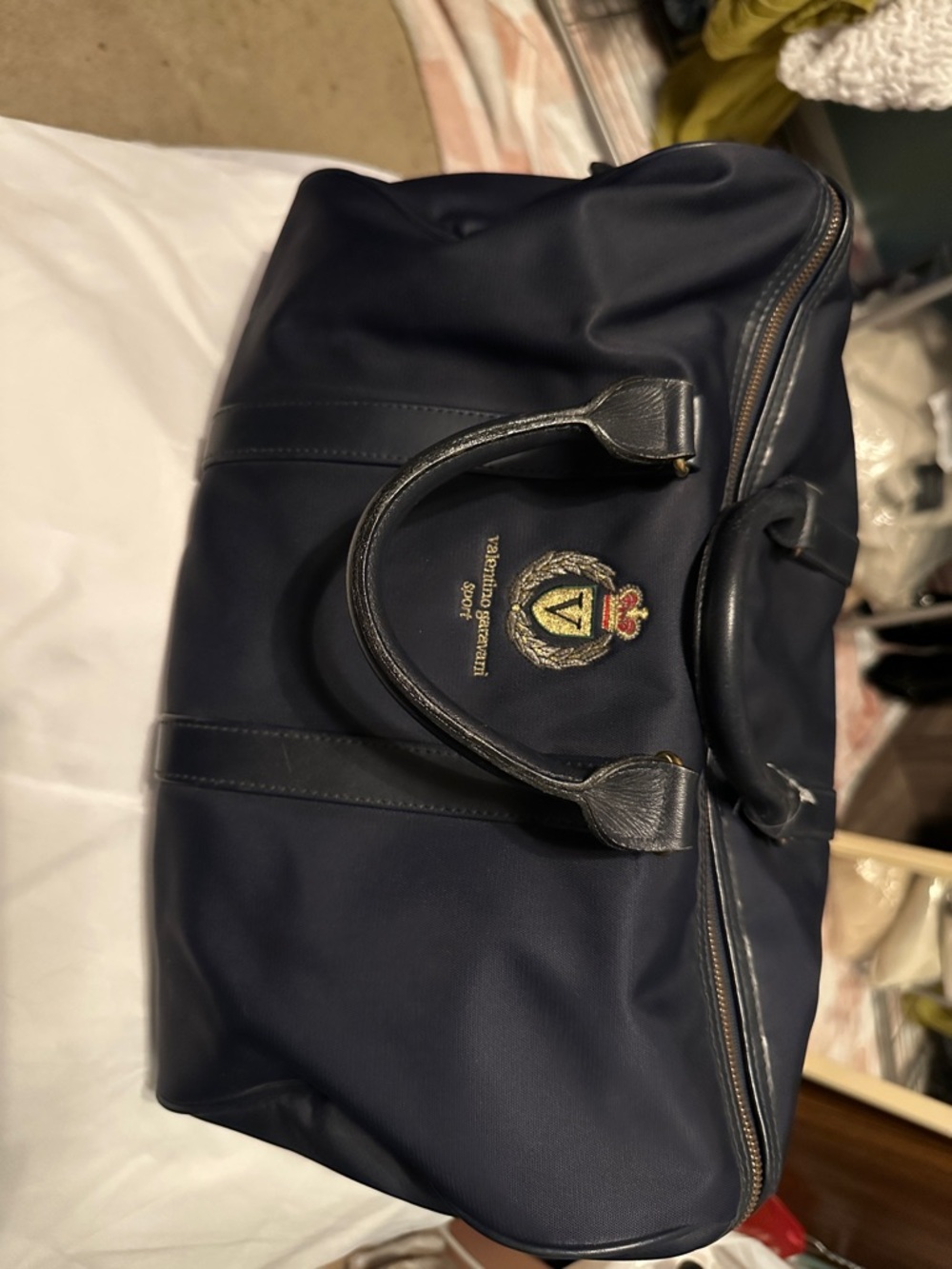 Valentino Garavani Navy Embroidered Crest Duffel Bag